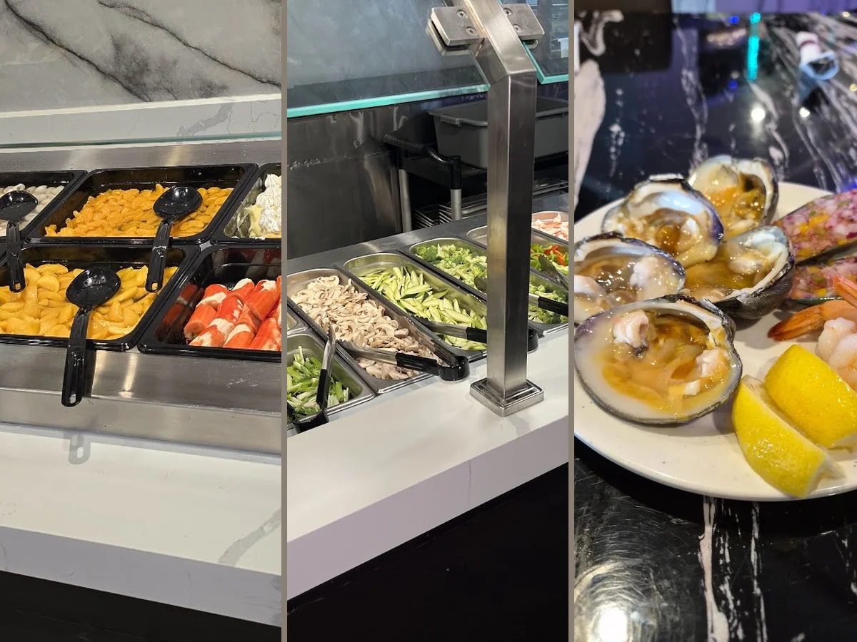 Buffet tables with seafood dishes and sushi.