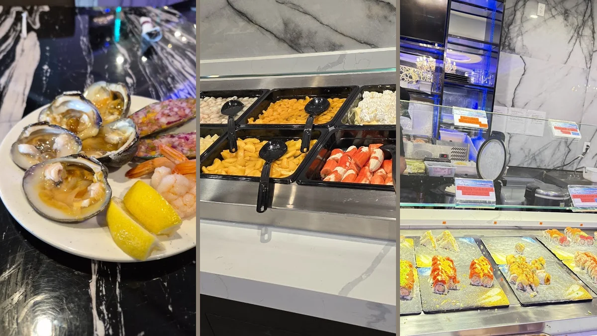 Buffet tables with seafood dishes and sushi.